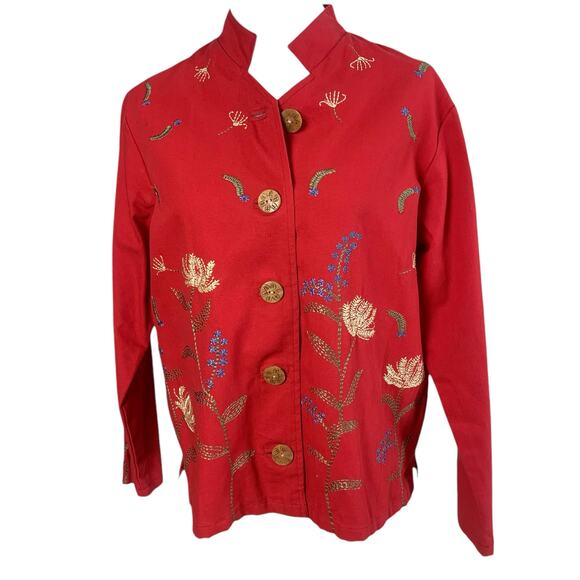 Coldwater Creek Size PM Petite Embroidered Floral Details Jacket Red Pockets - Picture 1 of 13